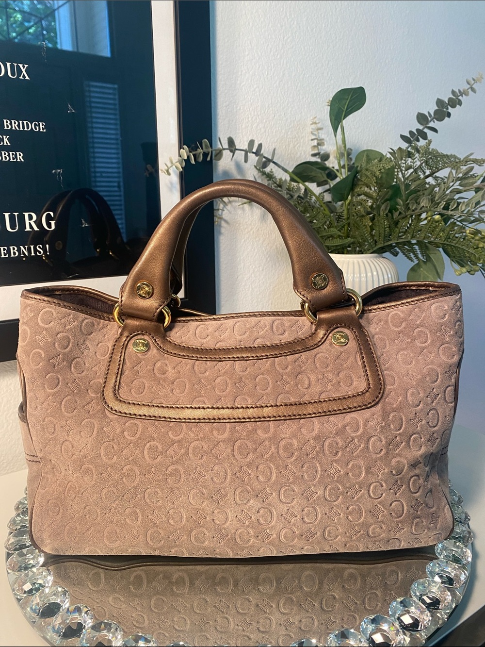 CELINE C Macadam Boogie Bag In Taupe Suede & Bronze Leather Trim
